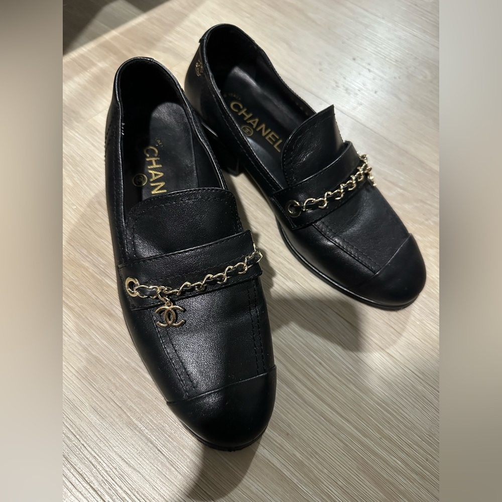 CHANEL Black Leather Loafers